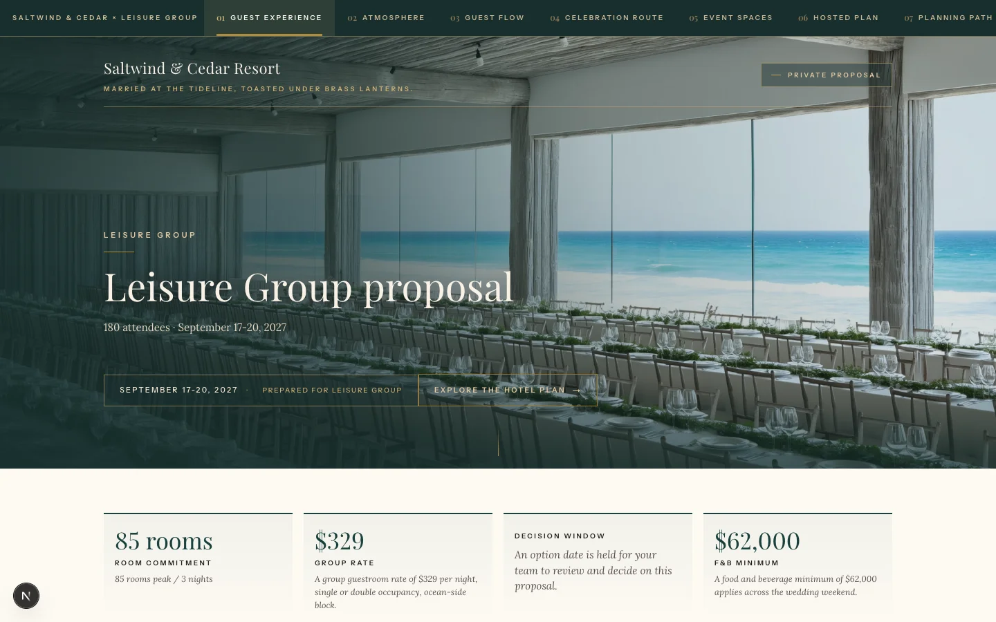 A real CatchyProposals proposal page for a demonstration property based on real hotels: editorial hero, program dates, room block, and budget band