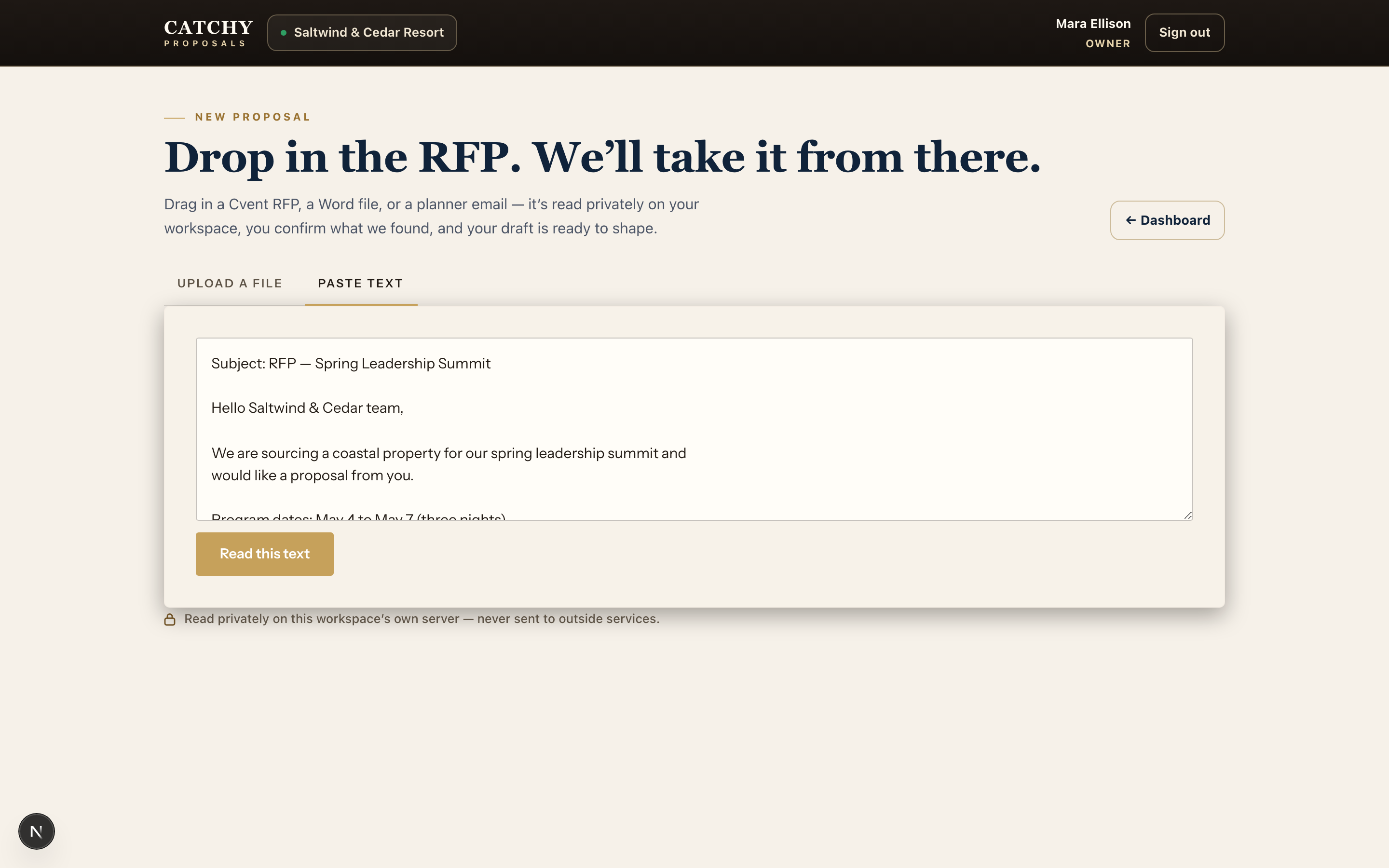 The new-proposal screen with a demonstration RFP email pasted into the PASTE TEXT tab and a "Read this text" button below it