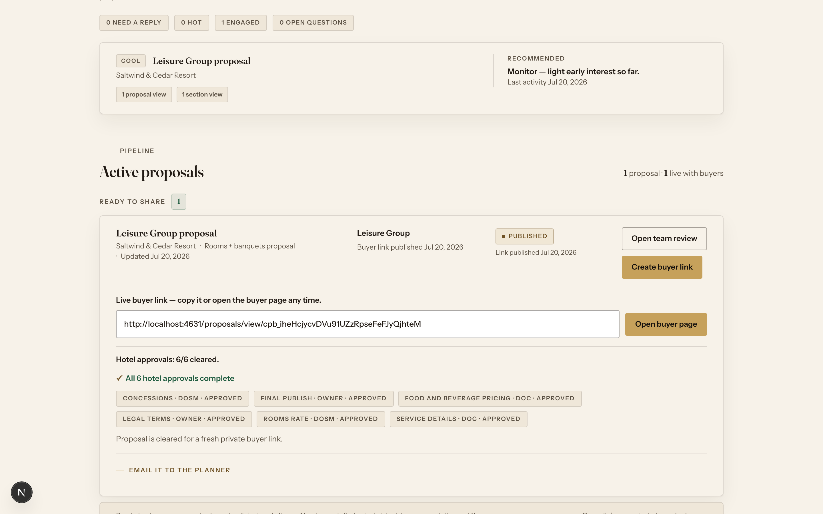 A dashboard proposal card with the send gate expanded: hotel approvals cleared, per-role approval chips for concessions, final publish, food and beverage pricing, legal terms, rooms rate, and service details
