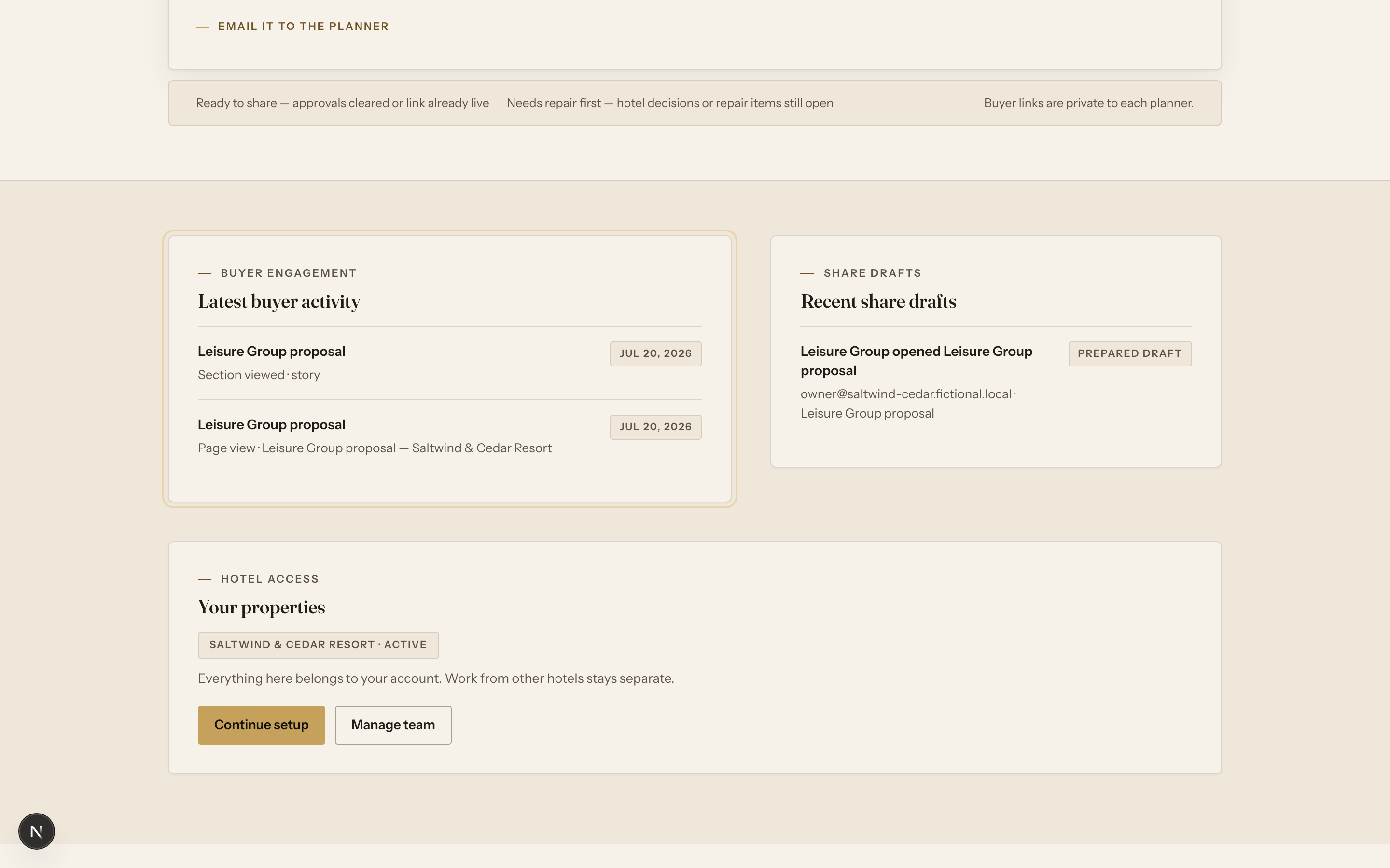 The buyer-engagement panel listing tracked activity for the demonstration proposal — a page view and a section view with dates — beside the recent share drafts panel