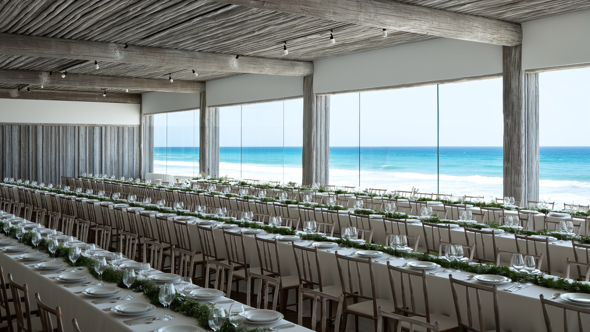 The Driftwood Hall set in banquet rounds, ocean glass along one wall
